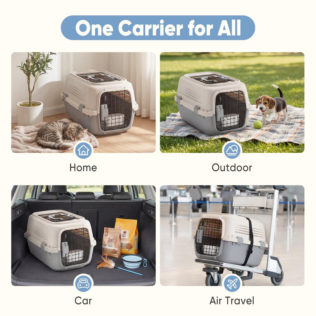 Sided Pet Carrier For Small Dogs & Cats, Airline Approved Travel Crate With Enhanced Security Latches, Front & Top Load Wire Door, Food Bowl For Traveling, Hiking, Camping