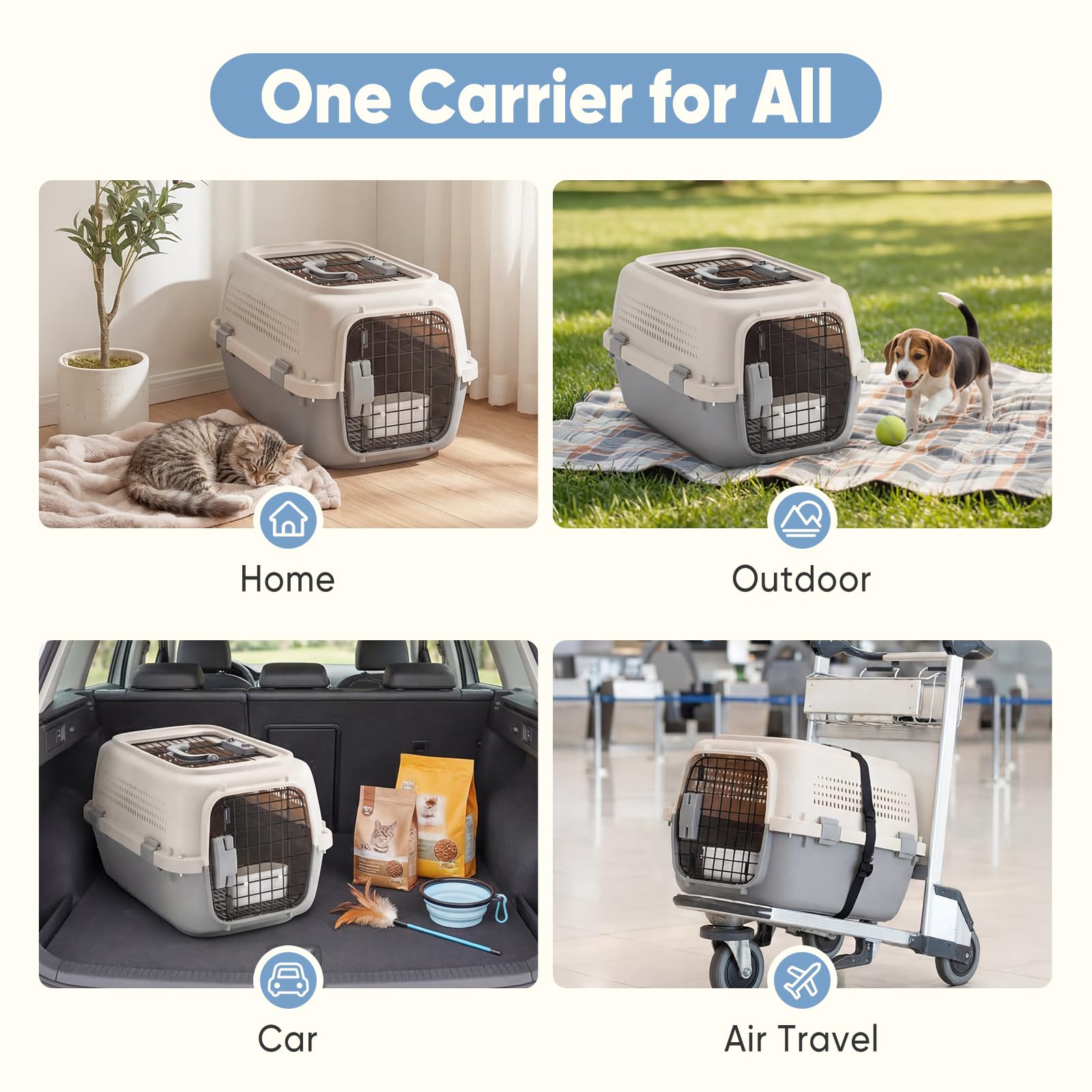Sided Pet Carrier For Small Dogs & Cats, Airline Approved Travel Crate With Enhanced Security Latches, Front & Top Load Wire Door, Food Bowl For Traveling, Hiking, Camping