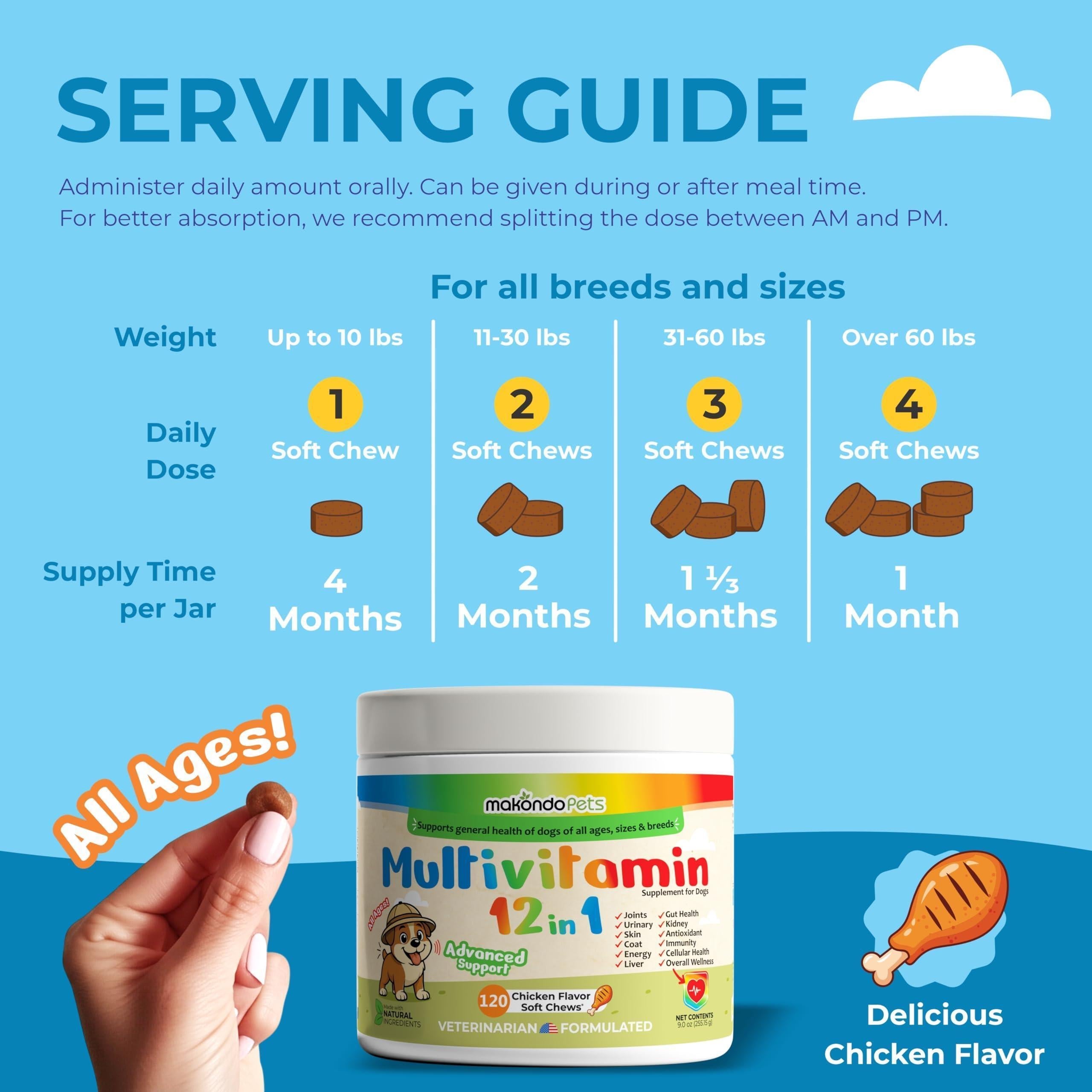 Dog Multivitamin 12-in-1 120 Soft Chews Glucosamine Probiotics & Cranberry