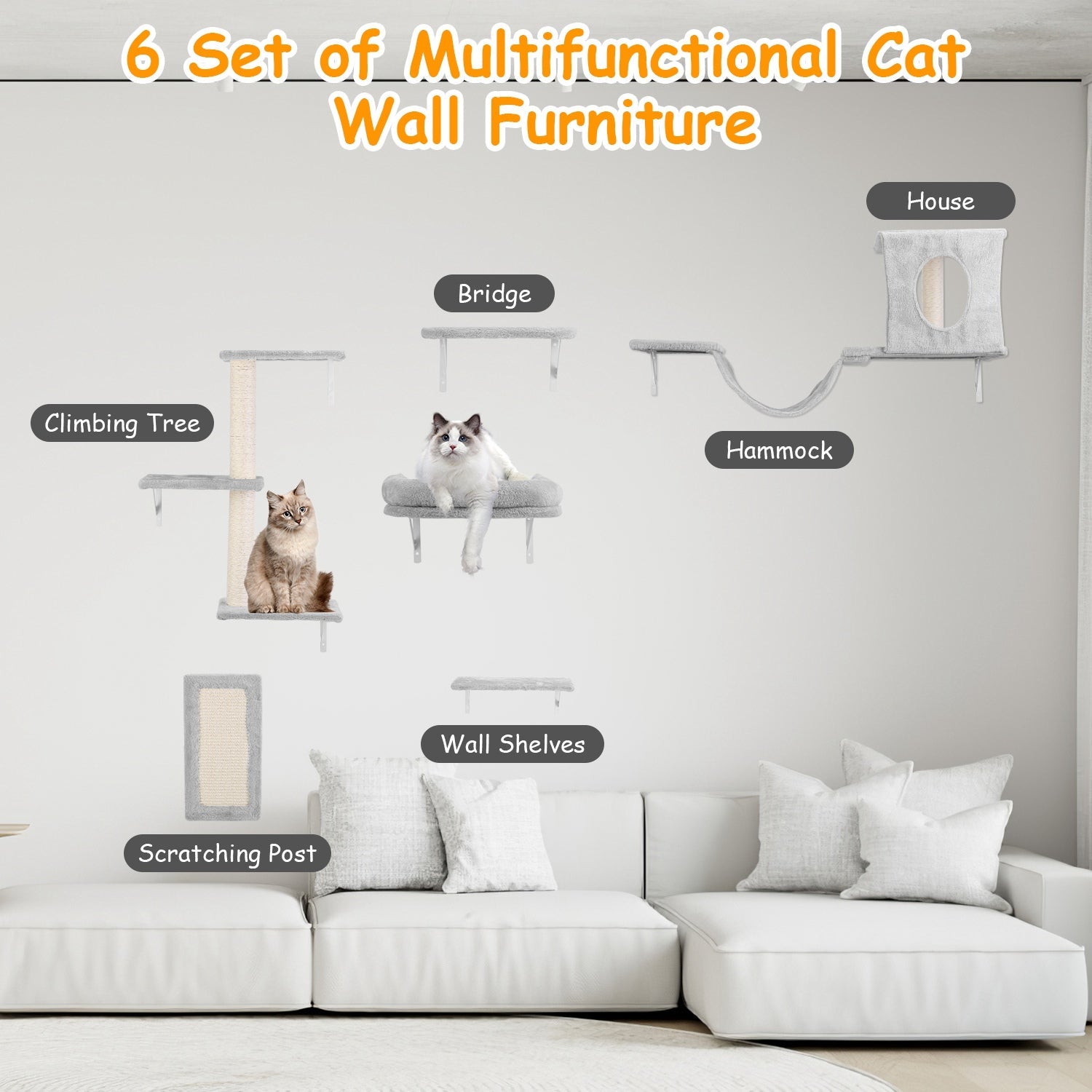 6-Piece Cat Wall Shelves Set – Shelves, Houses & Scratching Post