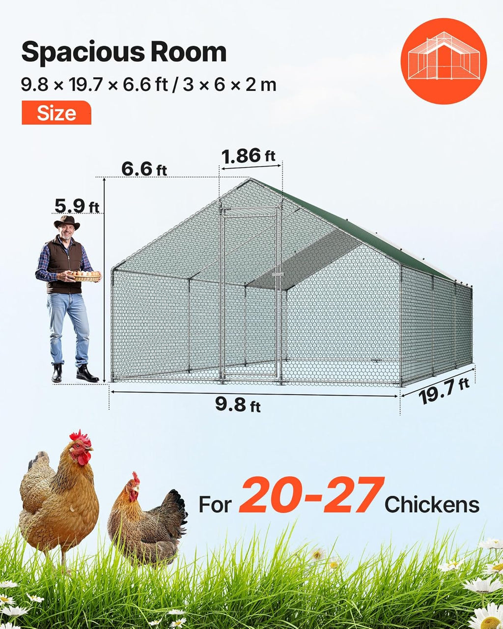 VEVOR Large Metal Chicken Coop, Walk-in Poultry Cage With Waterproof Cover, Outdoor Hen House For Chicken Duck Rabbit Farm