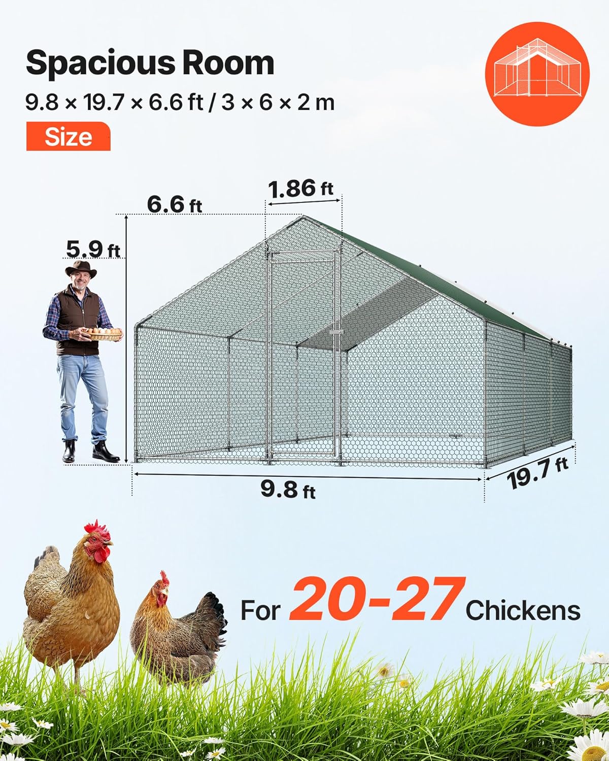 VEVOR Large Metal Chicken Coop, Walk-in Poultry Cage With Waterproof Cover, Outdoor Hen House For Chicken Duck Rabbit Farm