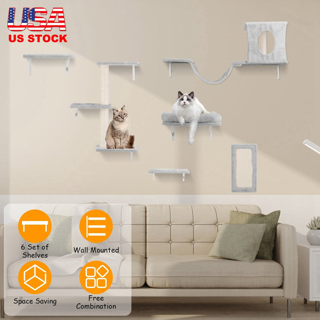 6-Piece Cat Wall Shelves Set – Shelves, Houses & Scratching Post