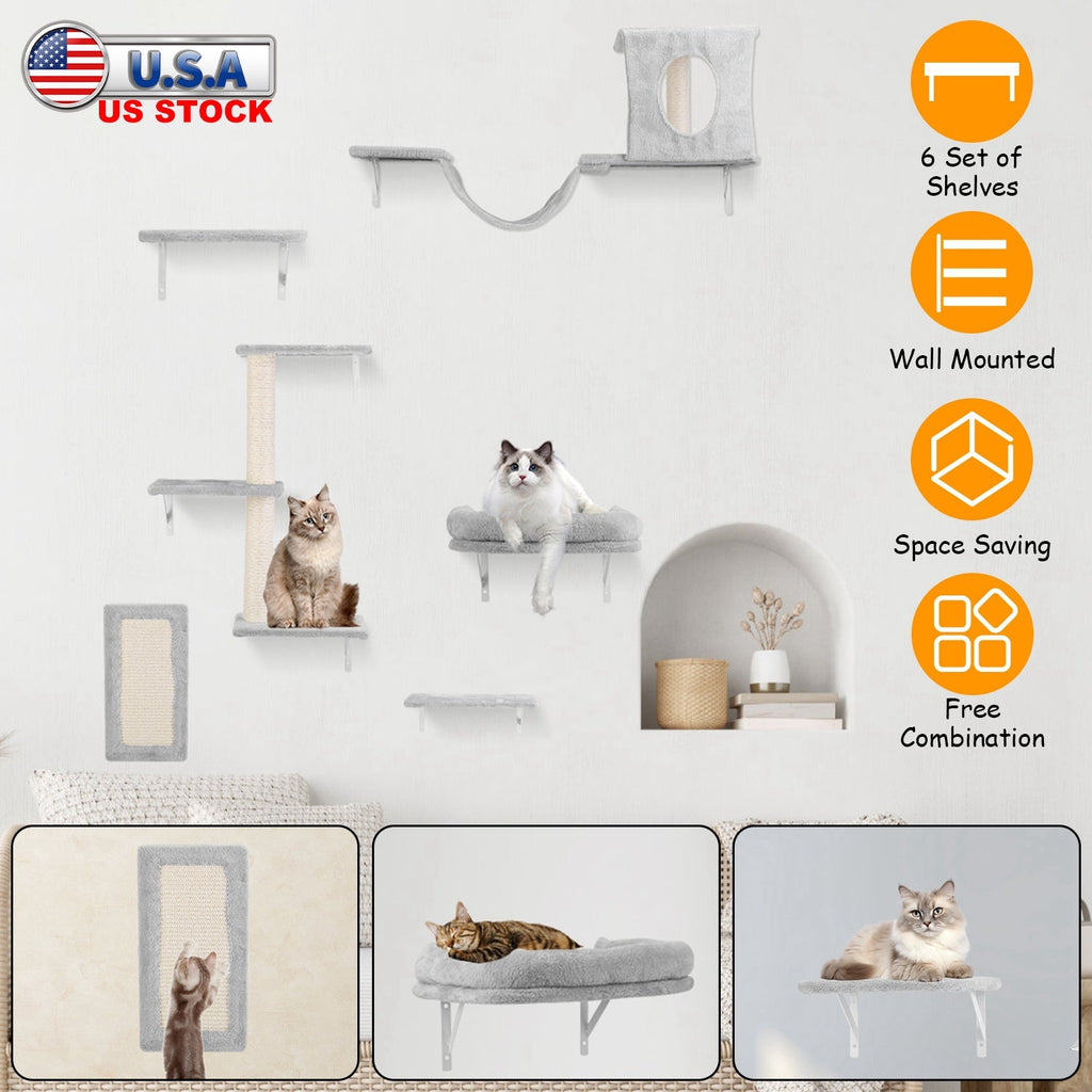 6-Piece Cat Wall Shelves Set – Shelves, Houses & Scratching Post