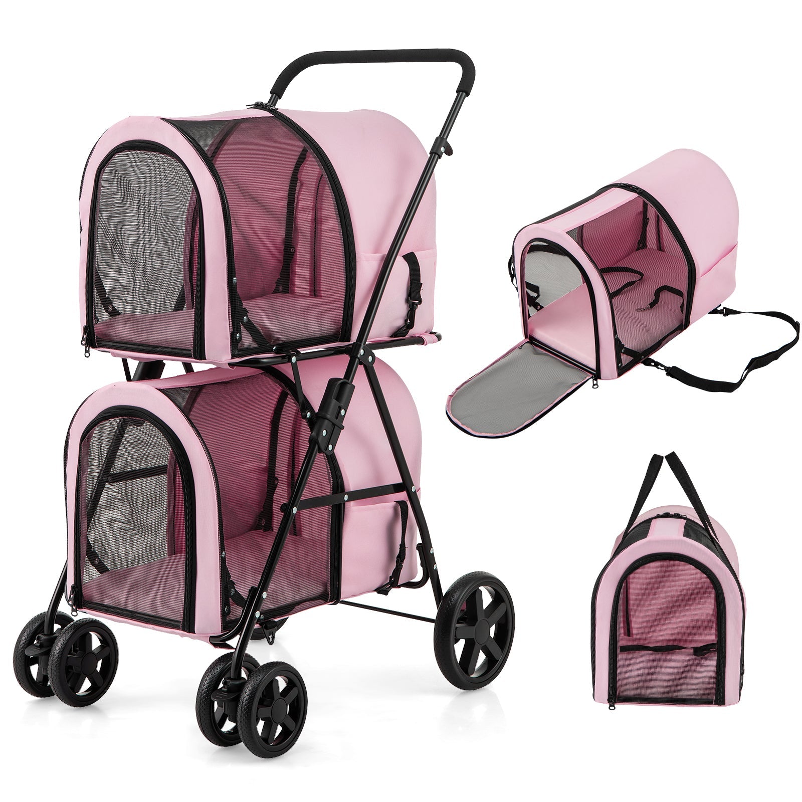 4-in-1 Double Pet Stroller with Detachable Carrier and Travel Carriage