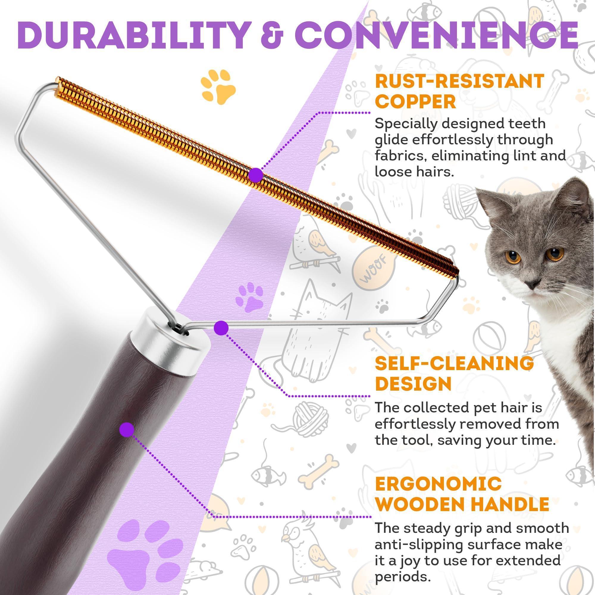 Pet Hair Remover Tool for Furniture Reusable Copper Teeth Wooden Handle
