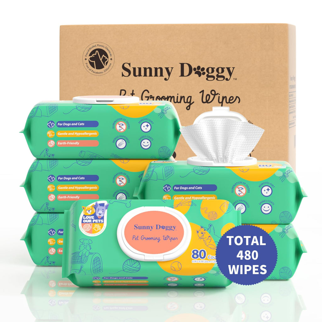 SUNNY DOGGY Pet Wipes 480 Count Dog Wipes Cleaning Deodorizing Cat Wipes 8 x 8 Inch Dog Grooming Wipes for Butt Paws Ear Eyes and Body Pack of 6