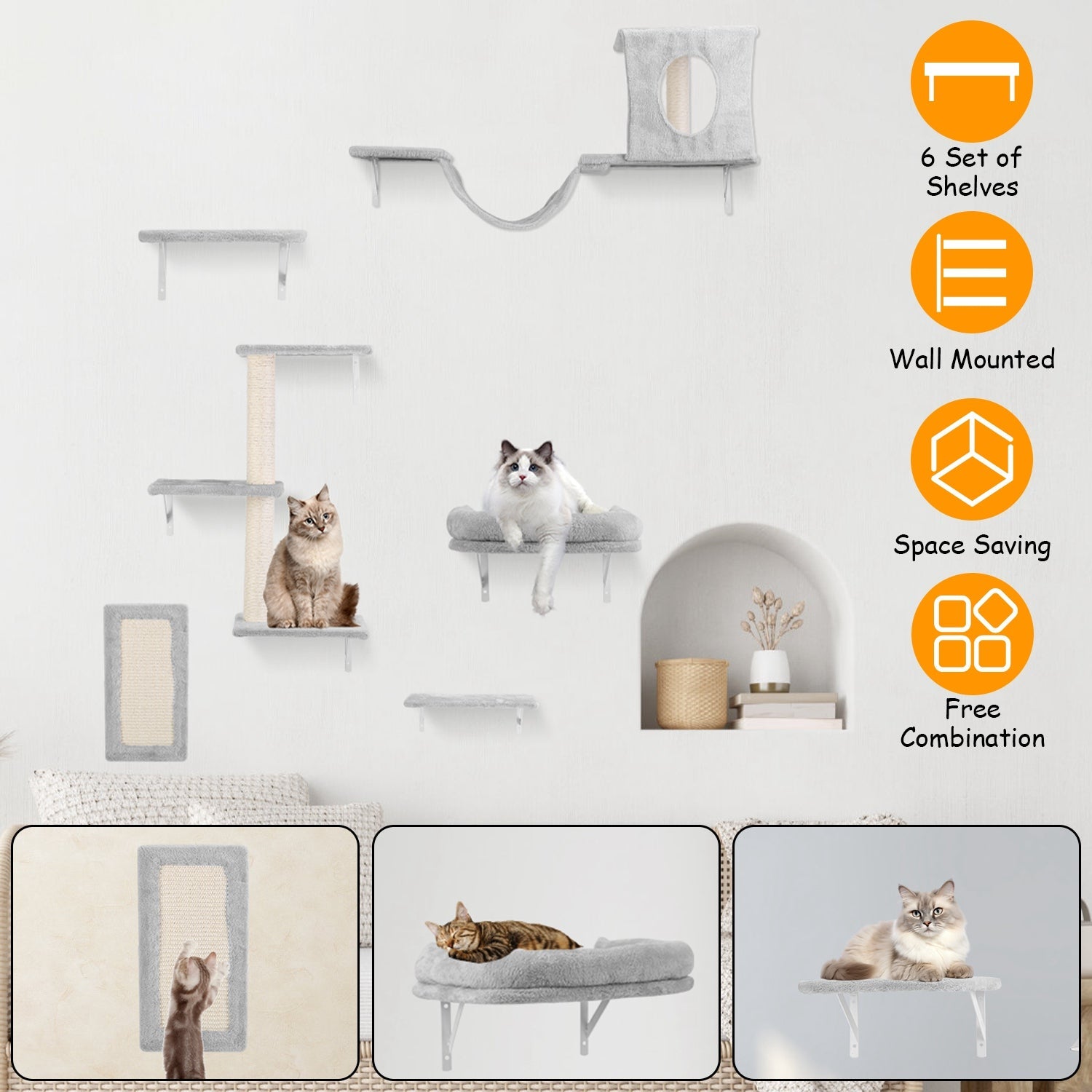 6-Piece Cat Wall Shelves Set – Shelves, Houses & Scratching Post