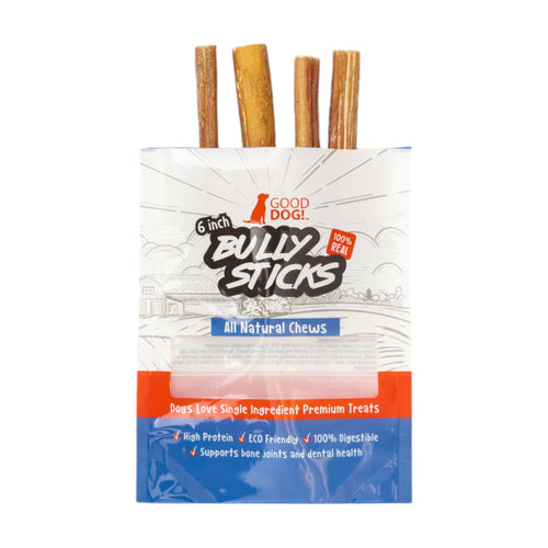 All-Natural Beef Bully Stick Dog Treats – Nutrient-Rich, and High-Protein – 6-Inch Standard (4-Pack)