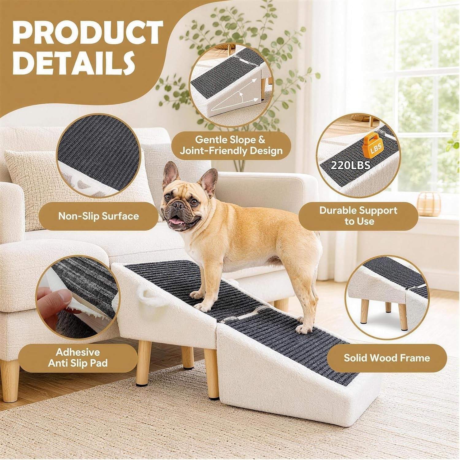 16in Dog Ramp Stairs Foldable Wooden Pet Ramp Ottoman for Couch Bed