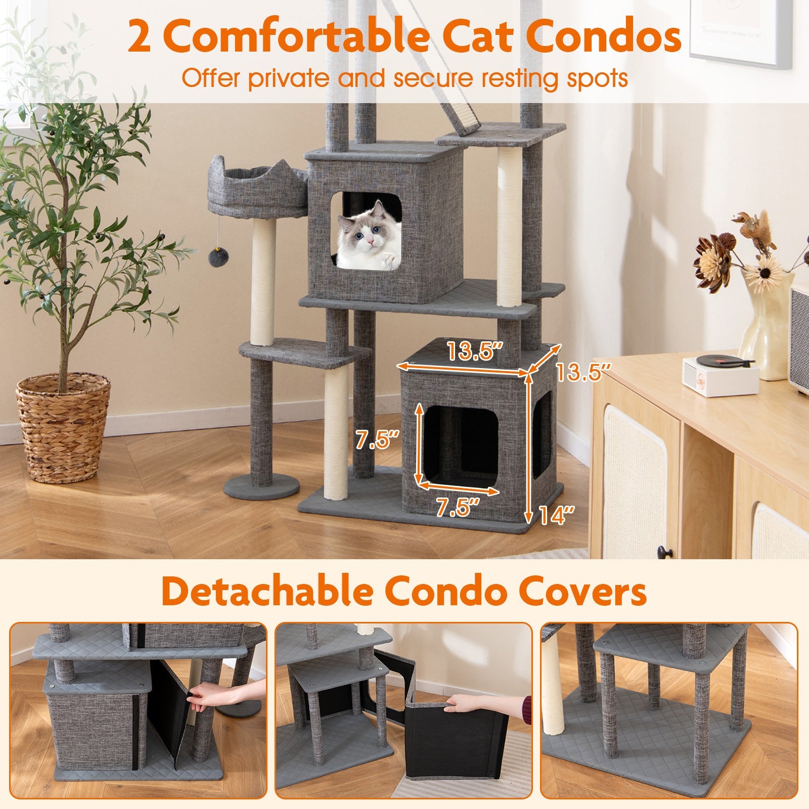71 Inch Tall Cat Tree Multi-Level Large Cat Tower with Scratching Posts-Grey