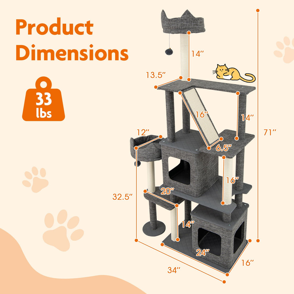 71 Inch Tall Cat Tree Multi-Level Large Cat Tower with Scratching Posts-Grey