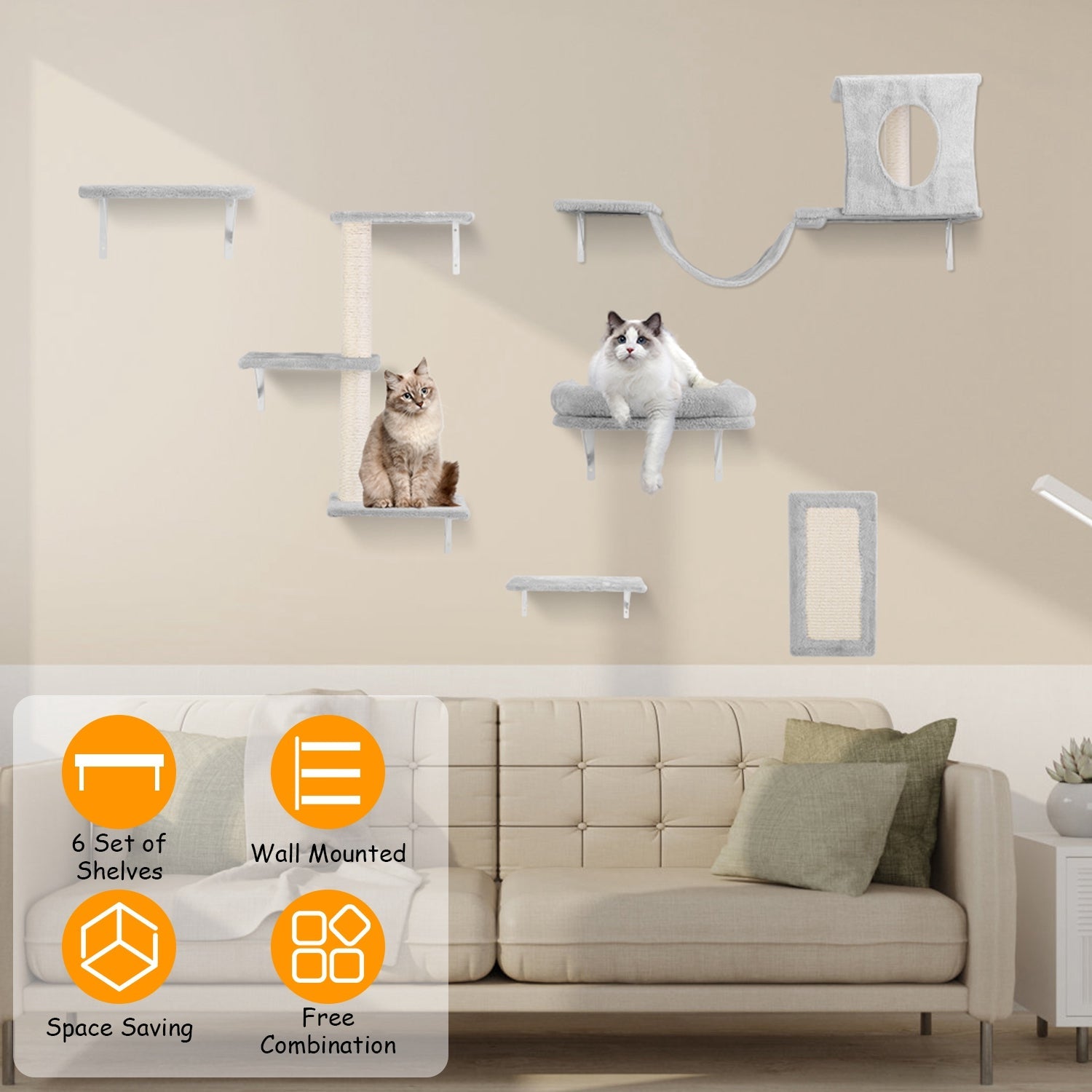 6-Piece Cat Wall Shelves Set – Shelves, Houses & Scratching Post