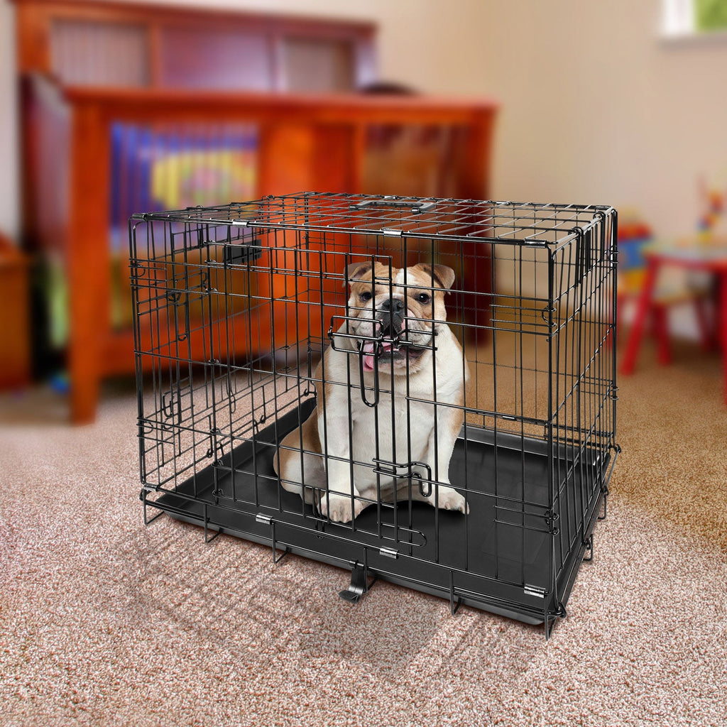 30inches Dogs Crate Folding Metal Pets Crates Double Door Puppy Cage Easy Set Up