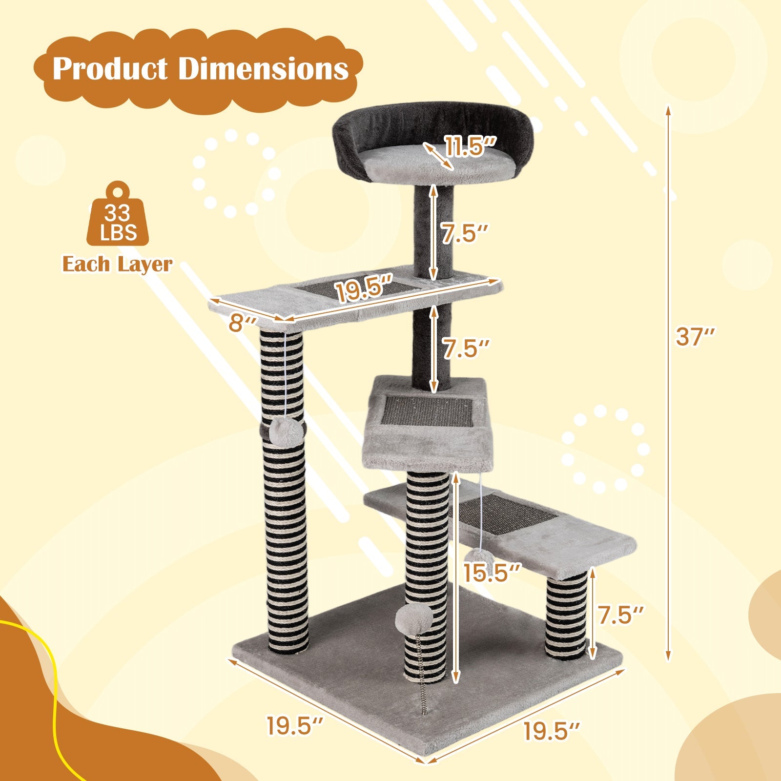 93 CM Tall Cat Tree Kitten Tower with Sisal and Jute Scratching Posts-Gray, climbing post, cat tree, cat post