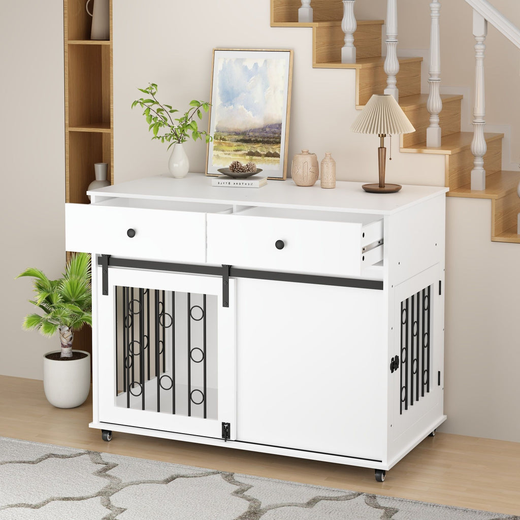 Dog Crate Furniture With Double Drawers And Sliding Barn Door, Pet Kennel For Small To Medium Dogs - White
