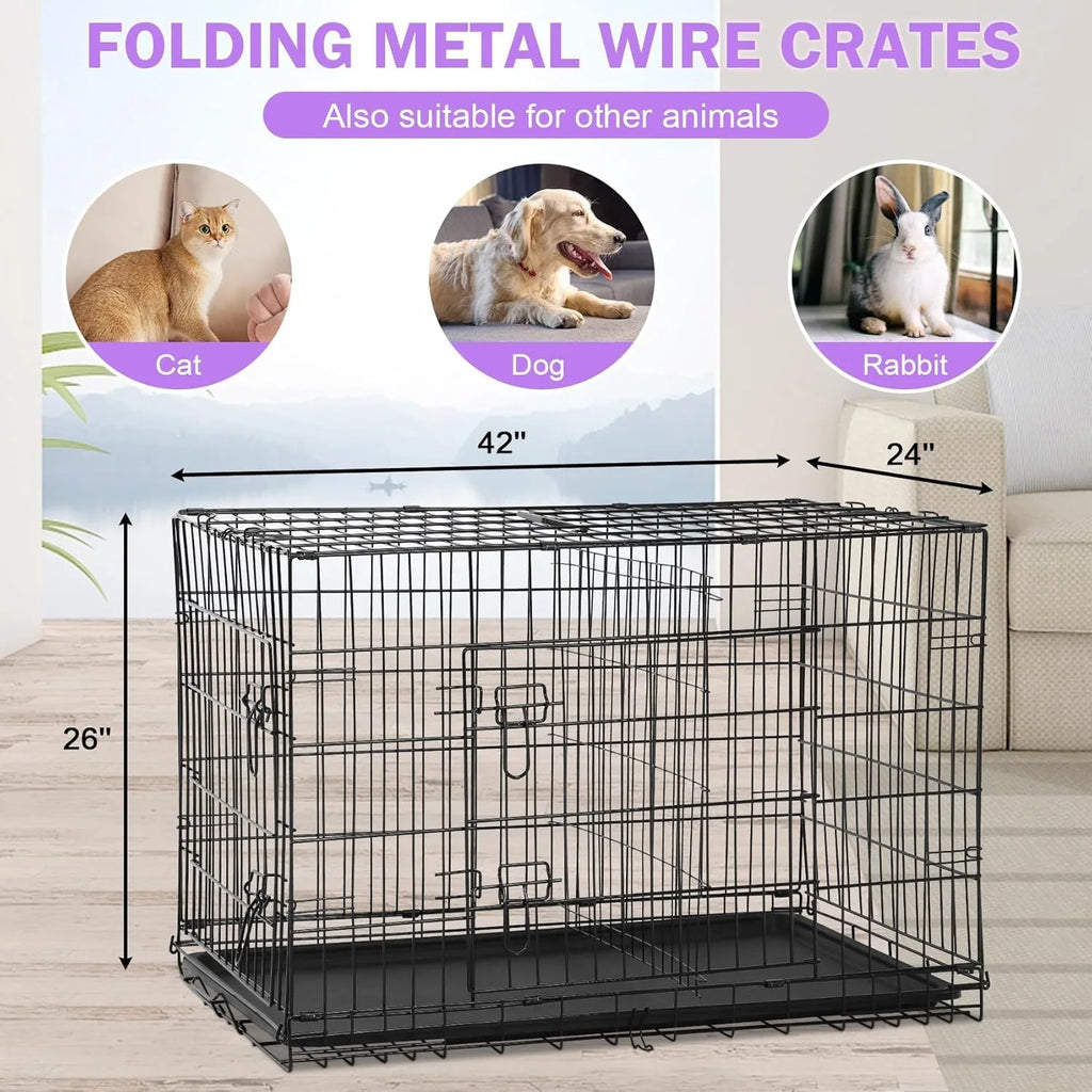 42 Inch Dog Crate, Double Door Folding Metal Wire Dog Cage with Divider and Tray, Pet Kennel Cage for Large Medium Small Dogs, L