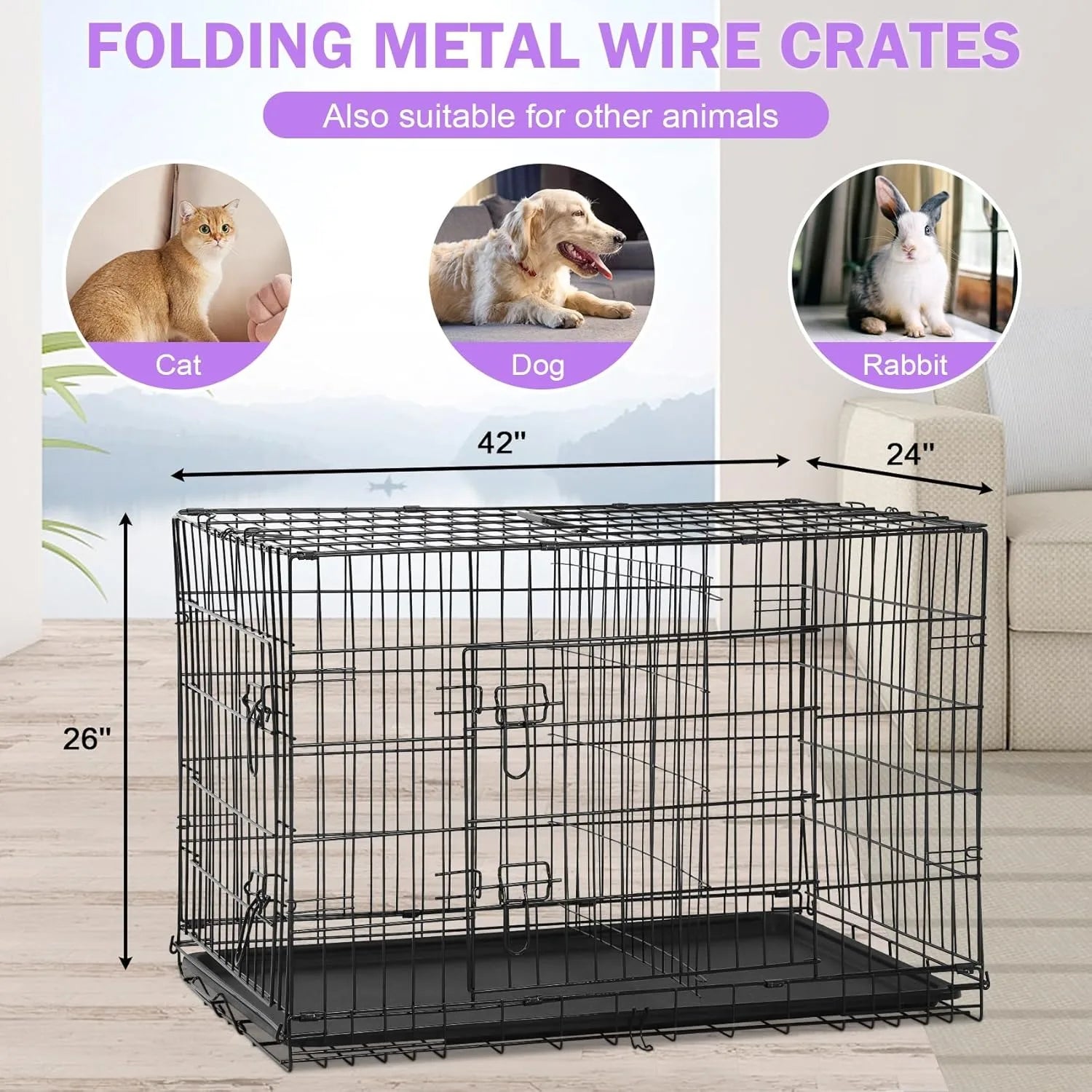 42 Inch Dog Crate, Double Door Folding Metal Wire Dog Cage with Divider and Tray, Pet Kennel Cage for Large Medium Small Dogs, L