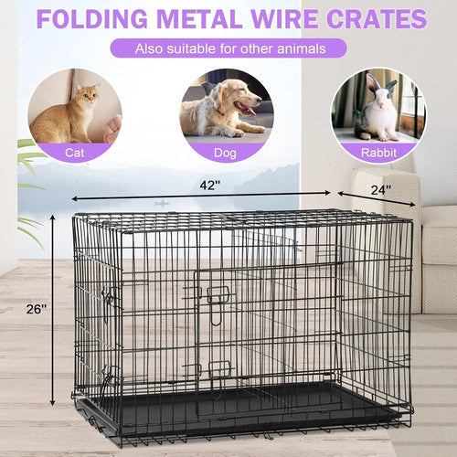 42 Inch Dog Crate, Double Door Folding Metal Wire Dog Cage with Divider and Tray, Pet Kennel Cage for Large Medium Small Dogs, L