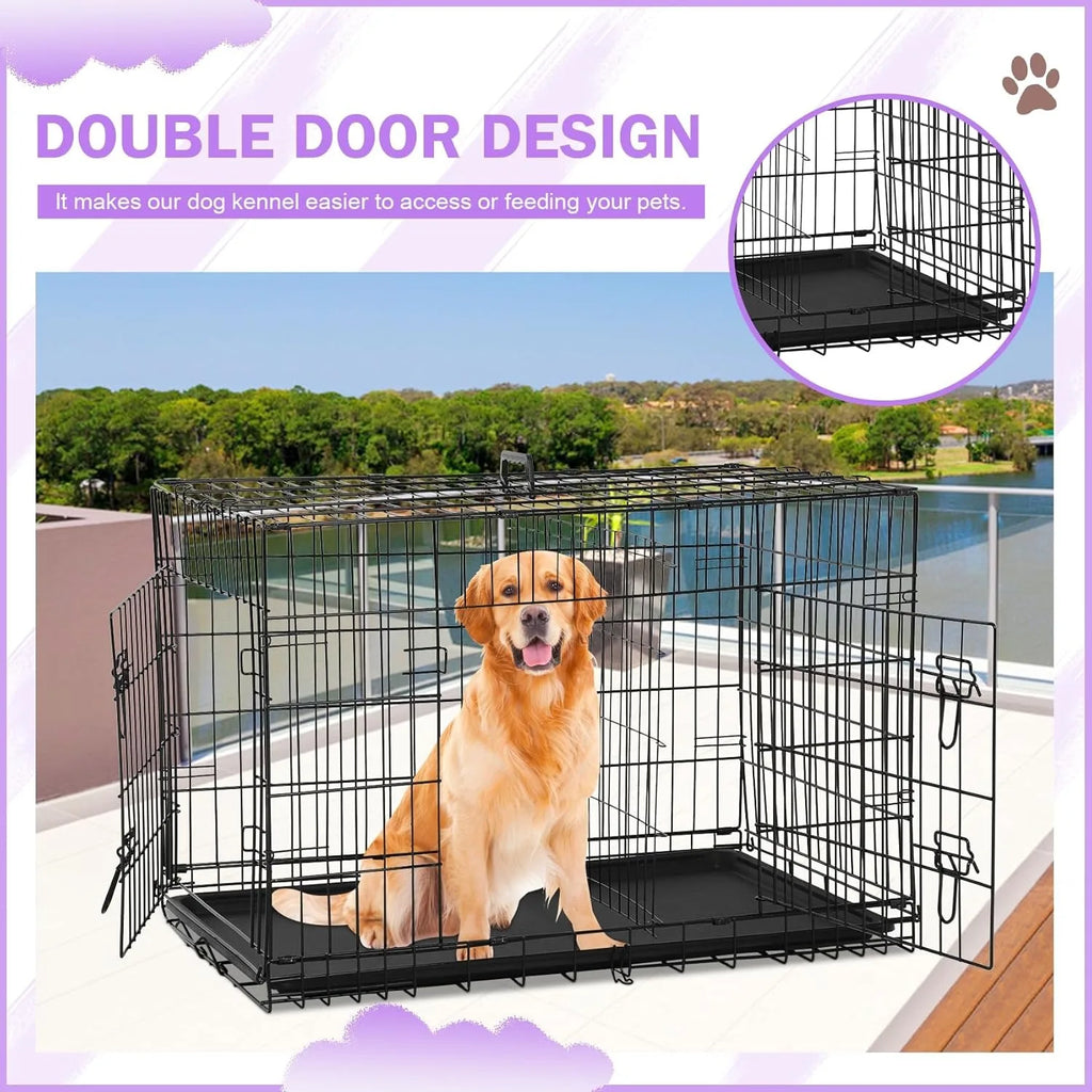 42 Inch Dog Crate, Double Door Folding Metal Wire Dog Cage with Divider and Tray, Pet Kennel Cage for Large Medium Small Dogs, L