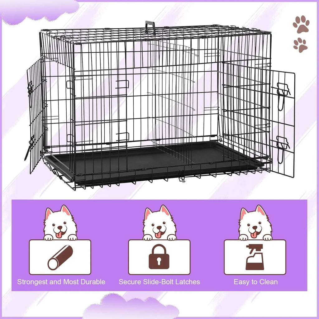 42 Inch Dog Crate, Double Door Folding Metal Wire Dog Cage with Divider and Tray, Pet Kennel Cage for Large Medium Small Dogs, L