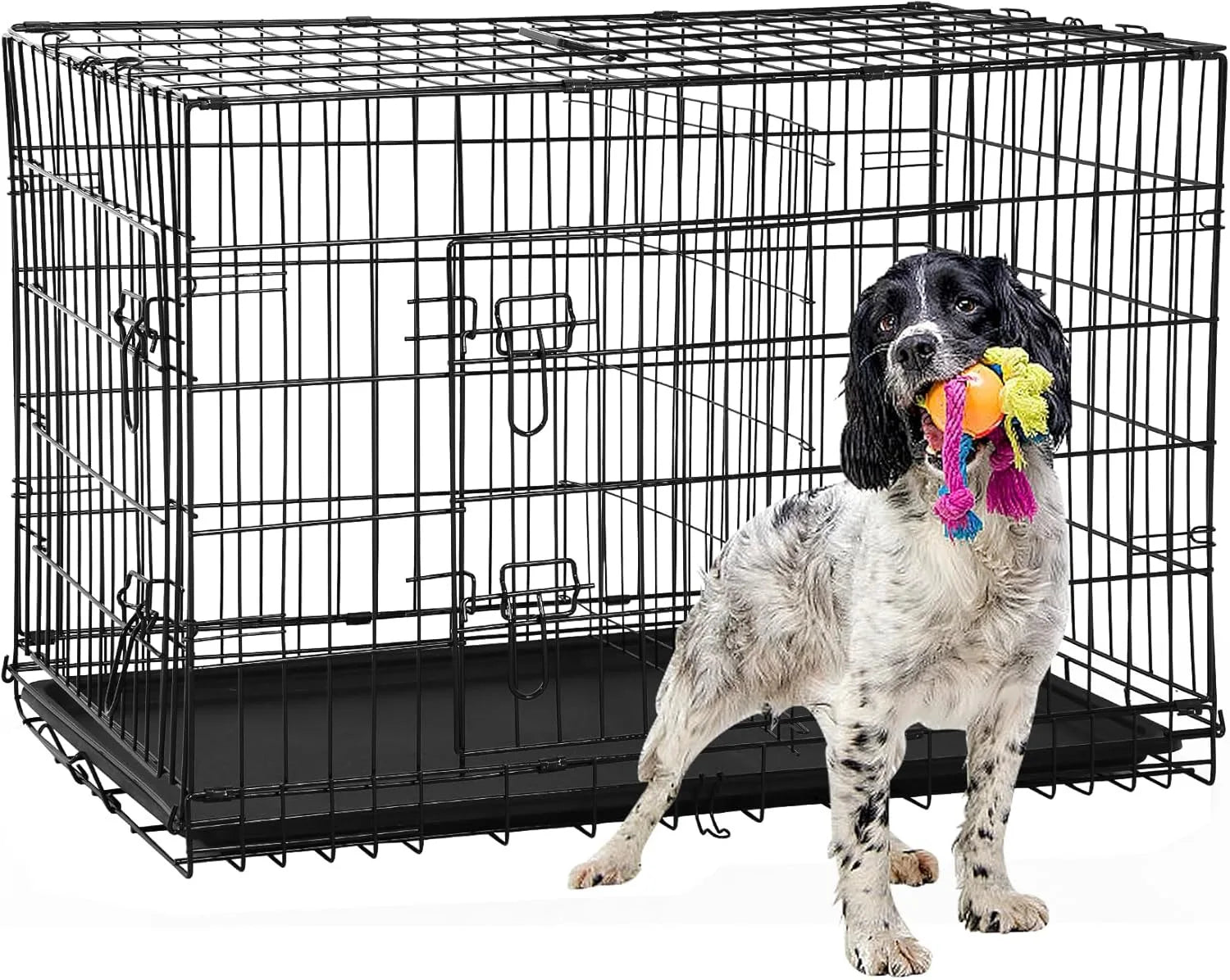 42 Inch Dog Crate, Double Door Folding Metal Wire Dog Cage with Divider and Tray, Pet Kennel Cage for Large Medium Small Dogs, L