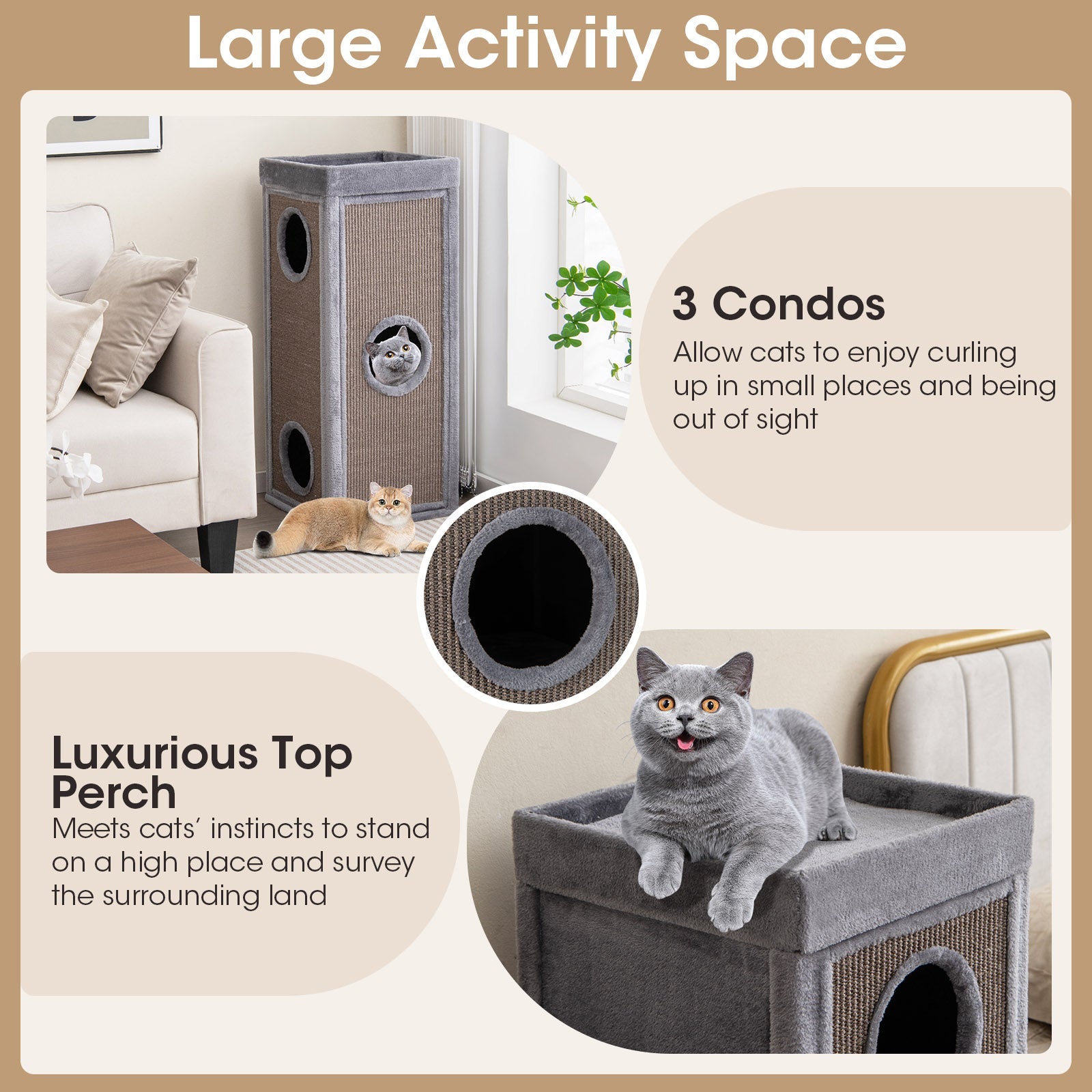 39 Inch Tall Cat Condo with Scratching Posts and 3 Hideaways and 4 Soft Plush Cushions