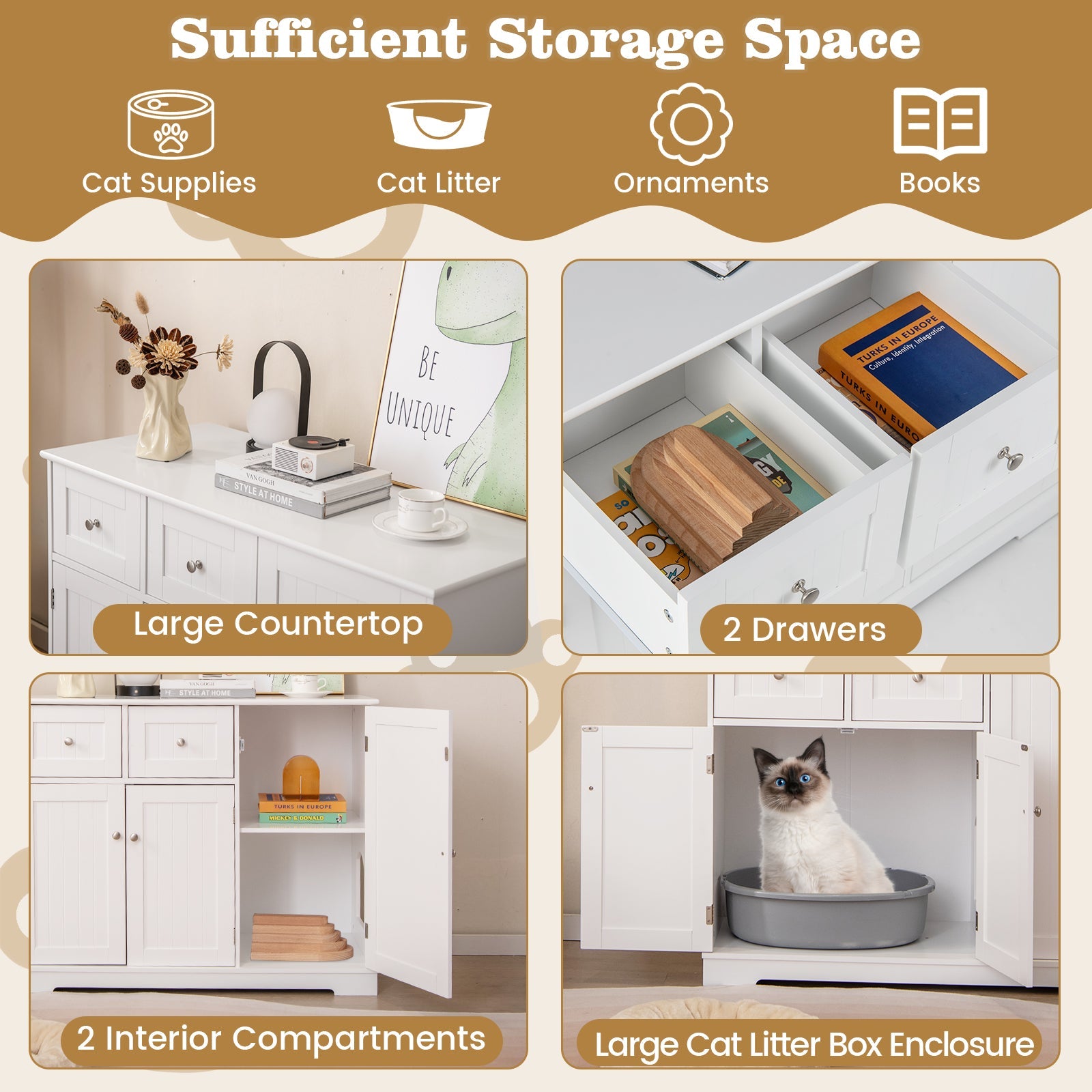 Cat Litter Box Enclosure with 2 Drawers and 3 Doors for Kittens and Adult Cats-White