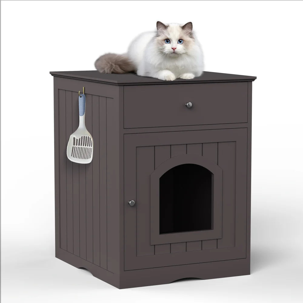 Wooden Cat Litter Box Enclosure with Drawer Pet House Indoor Cat Crate Nightstand Side Table Pet Furniture
