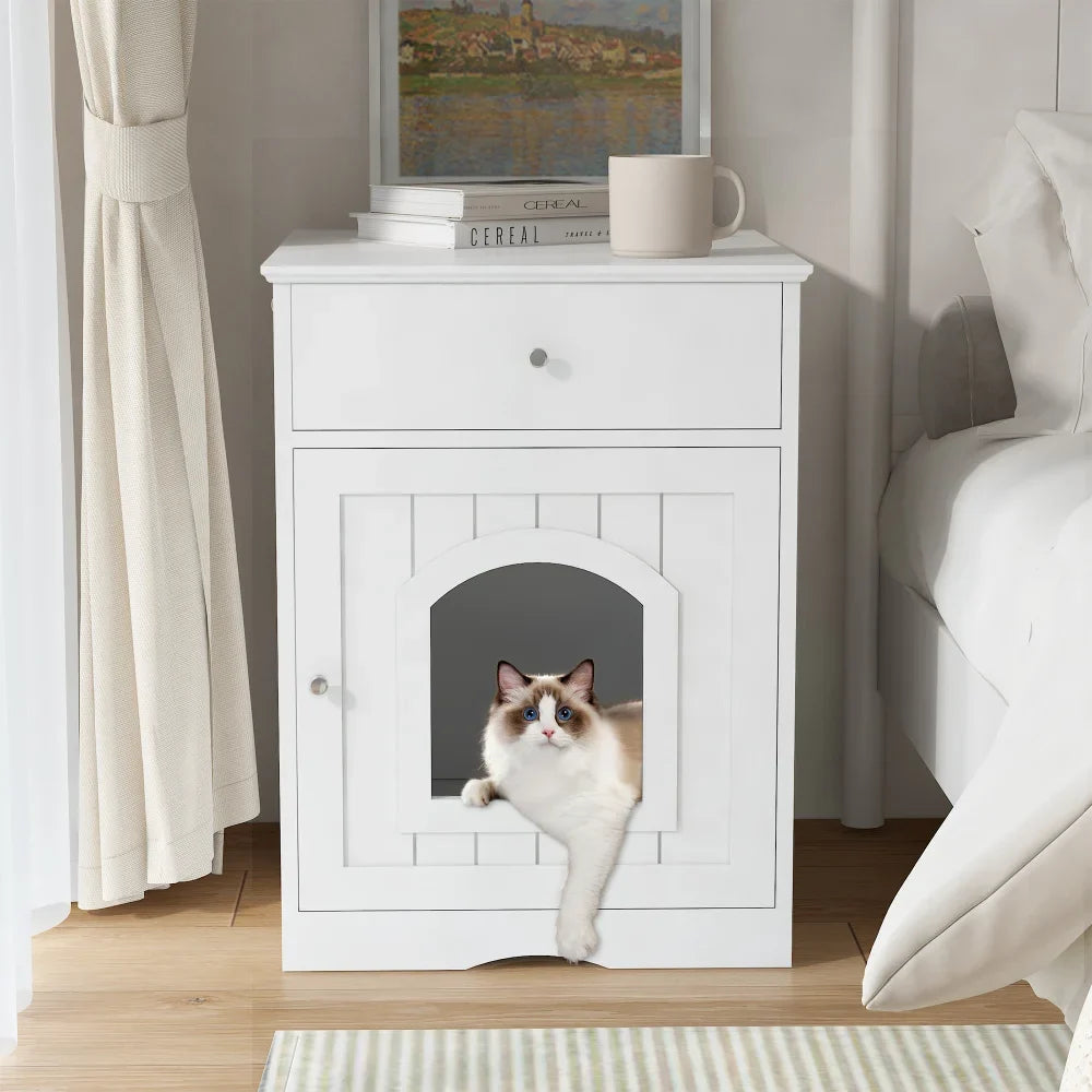 Wooden Cat Litter Box Enclosure with Drawer Pet House Indoor Cat Crate Nightstand Side Table Pet Furniture