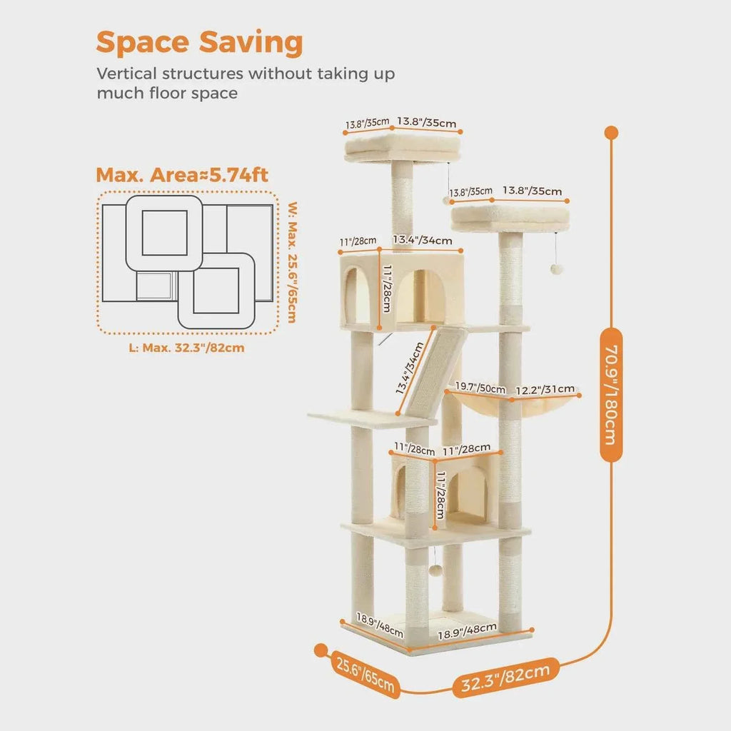 Extra Tall Cat Tree Tower – 6–7 ft Multi-Level Plush Condo with Scratching Posts