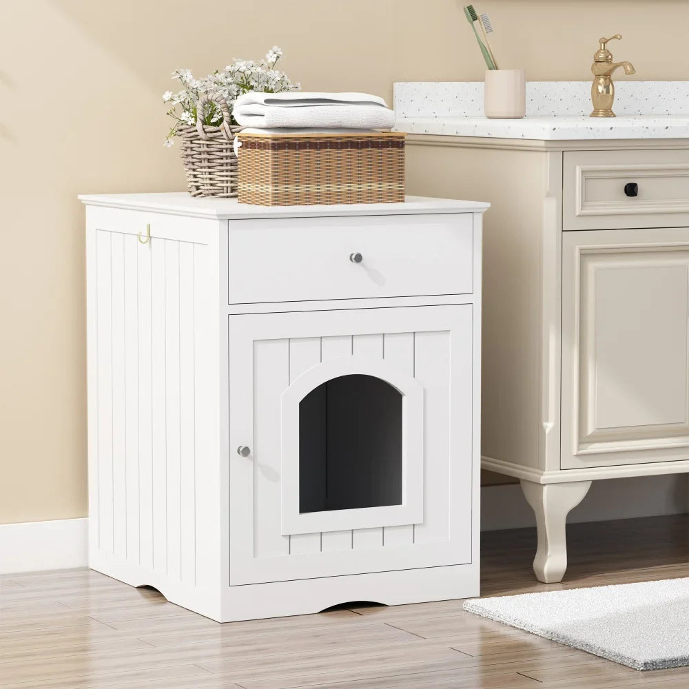 Wooden Cat Litter Box Enclosure with Drawer Pet House Indoor Cat Crate Nightstand Side Table Pet Furniture