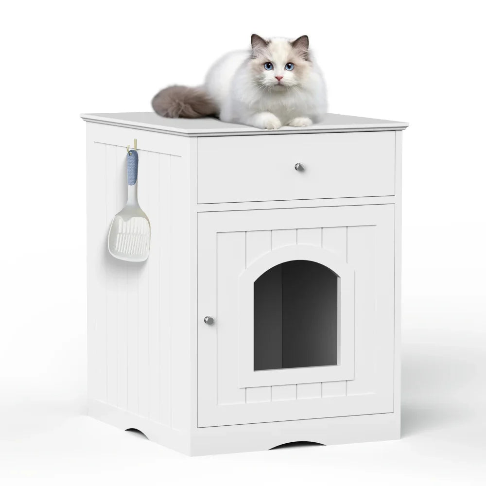 Wooden Cat Litter Box Enclosure with Drawer Pet House Indoor Cat Crate Nightstand Side Table Pet Furniture