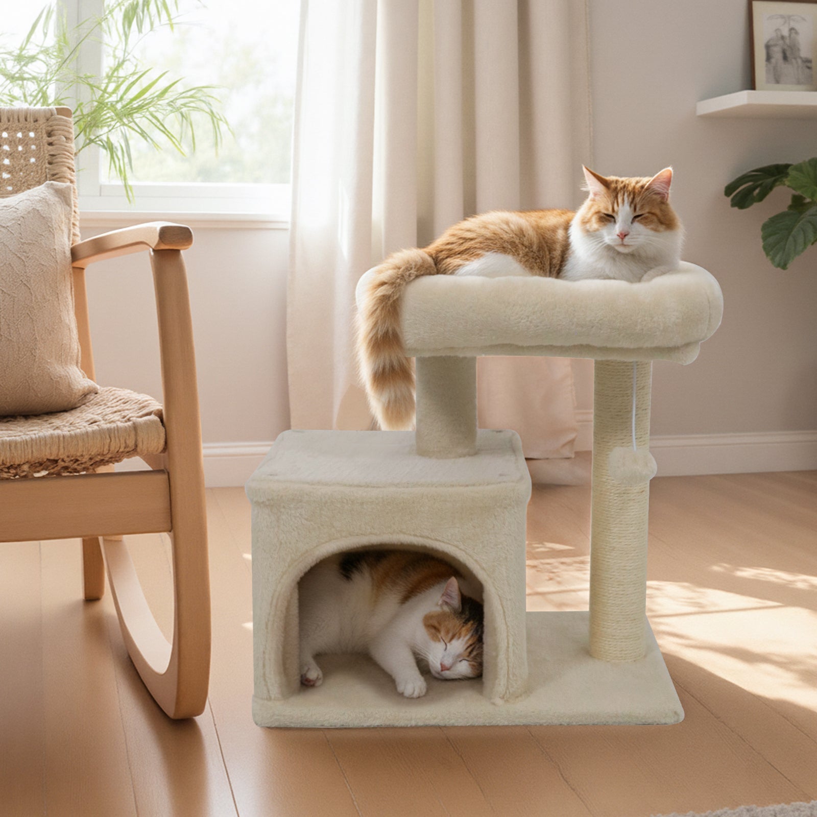 Small Cat Tree with Large Padded Plush Perch for Indoor Cats