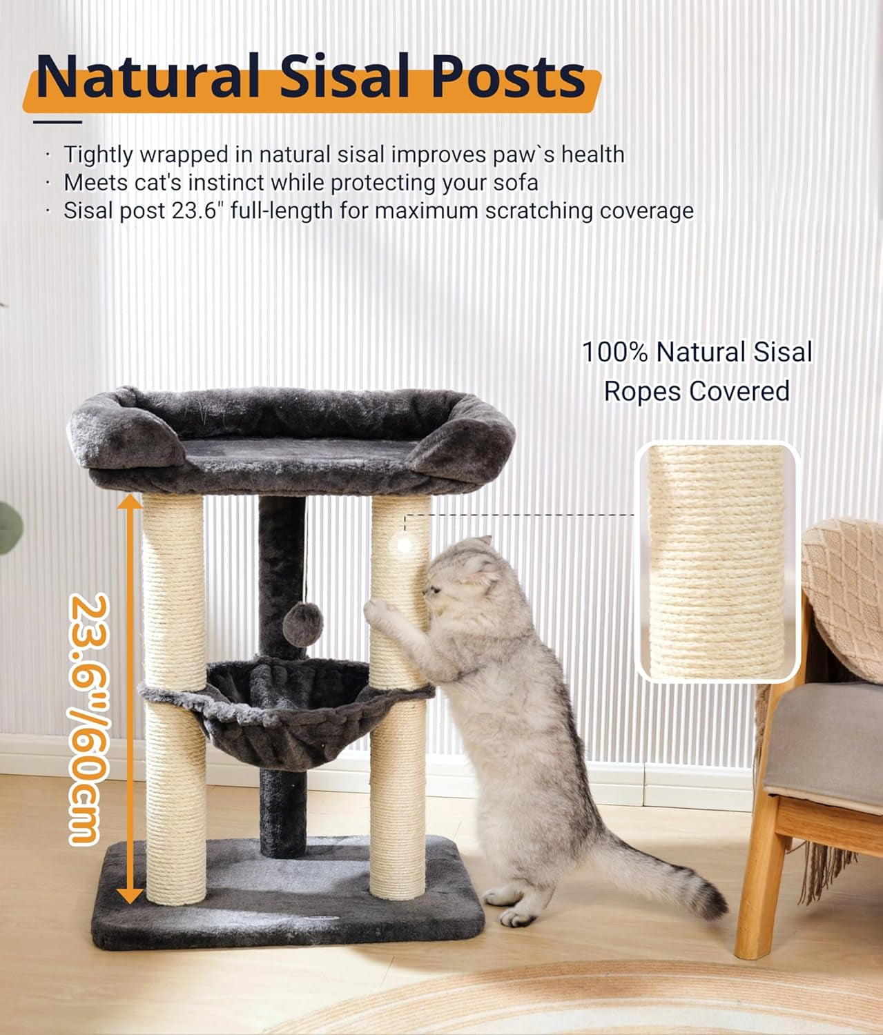 28-Inch Cat Tree for Large Cats | Window Perch, Hammock & Scratching Post