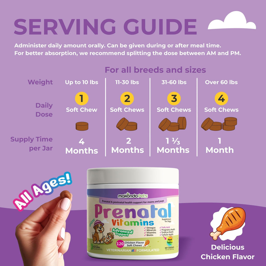 Dog Prenatal Vitamins 120 Soft Chews Folic Acid Zinc B-Complex DHA & EPA
