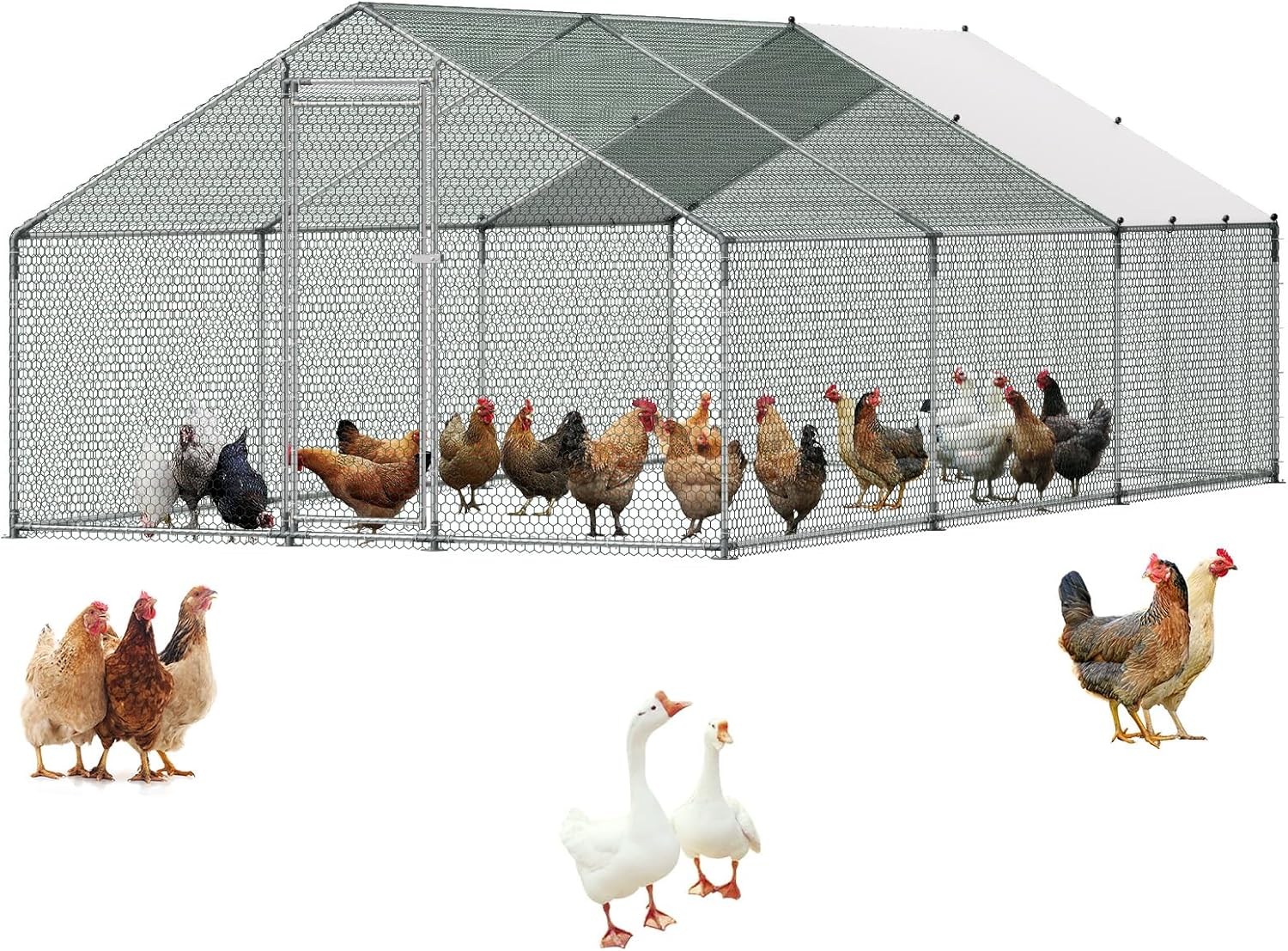 VEVOR Large Metal Chicken Coop, Walk-in Poultry Cage With Waterproof Cover, Outdoor Hen House For Chicken Duck Rabbit Farm