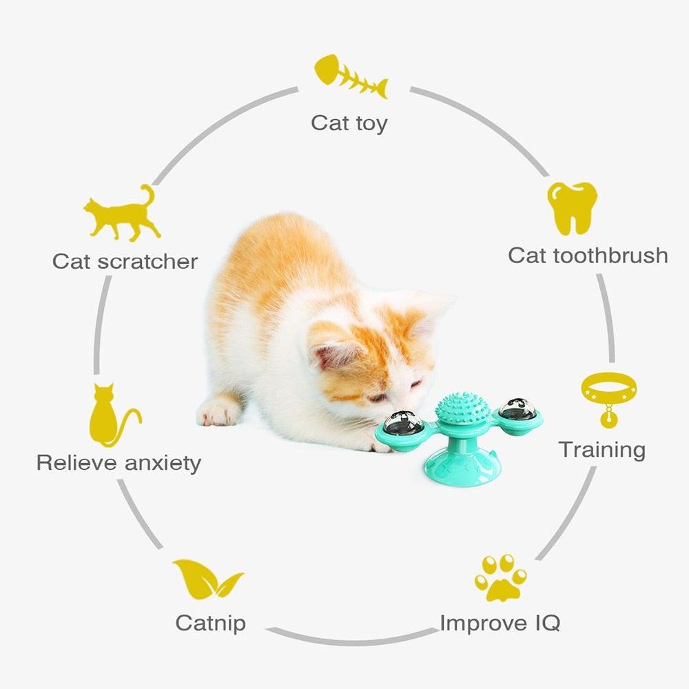 Cat Windmill Toy Funny Massage Rotatable Cat Toys With Catnip LED Ball Teeth Cleaning Pet Newest Windmill Cat Toy with LED and Catnip Ball Cat Turntable Teasing Interactive Toy with a Suction Cup Base Can be Cleaned Rotary Massage Tickle Anti-bite Toy