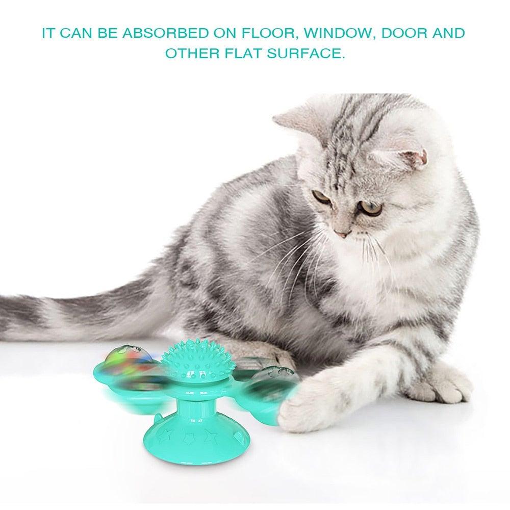 Cat Windmill Toy Funny Massage Rotatable Cat Toys With Catnip LED Ball Teeth Cleaning Pet Newest Windmill Cat Toy with LED and Catnip Ball Cat Turntable Teasing Interactive Toy with a Suction Cup Base Can be Cleaned Rotary Massage Tickle Anti-bite Toy