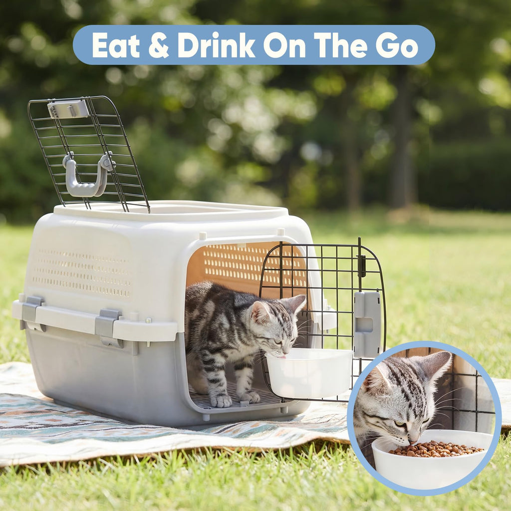 Sided Pet Carrier For Small Dogs & Cats, Airline Approved Travel Crate With Enhanced Security Latches, Front & Top Load Wire Door, Food Bowl For Traveling, Hiking, Camping