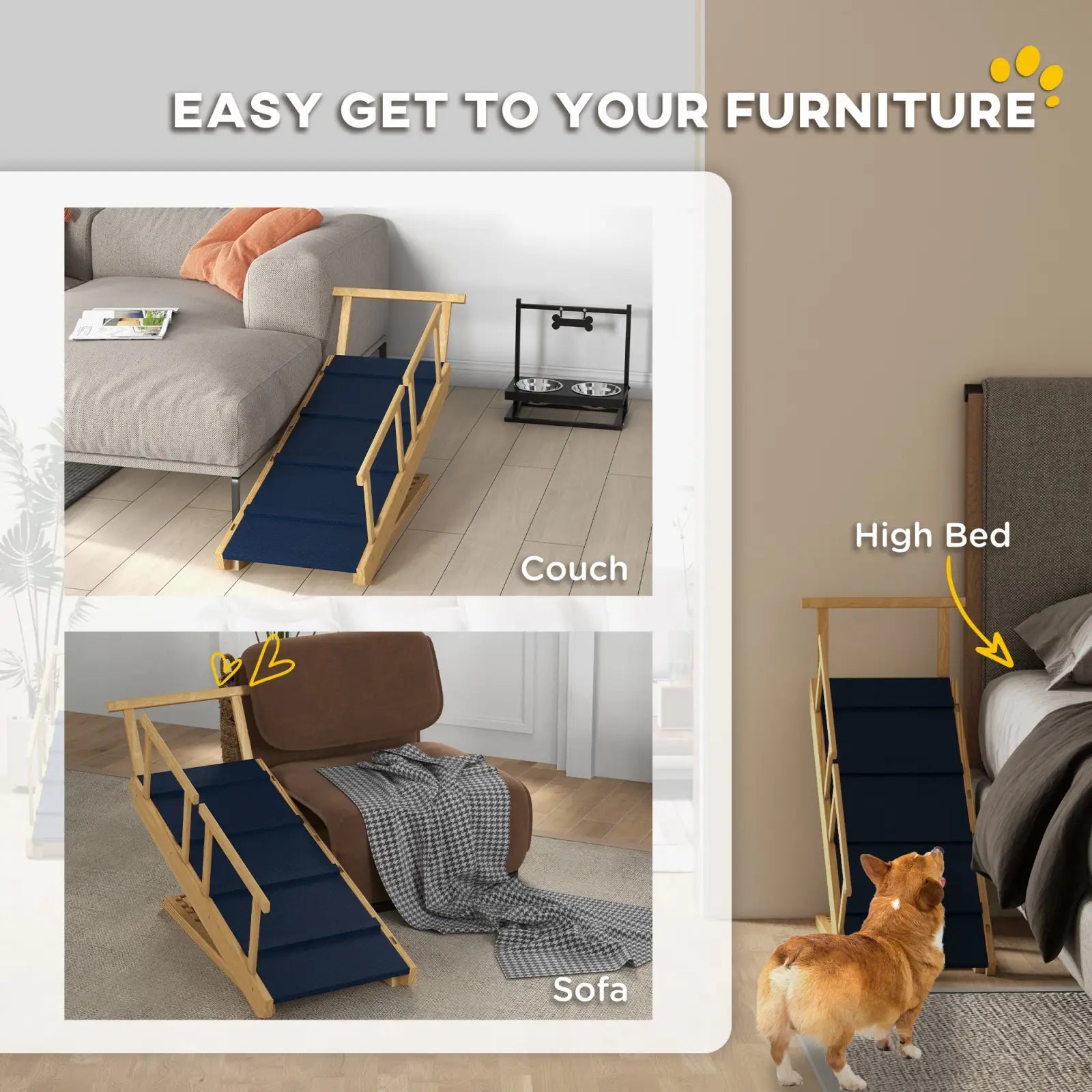 Dog Ramp Adjustable Pine Wood Folding Pet Stairs