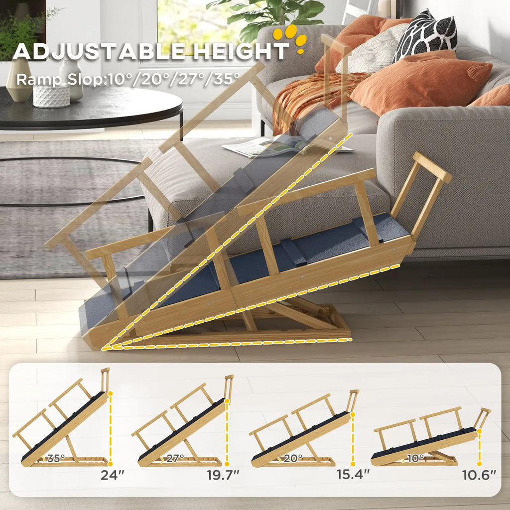 Dog Ramp Adjustable Pine Wood Folding Pet Stairs