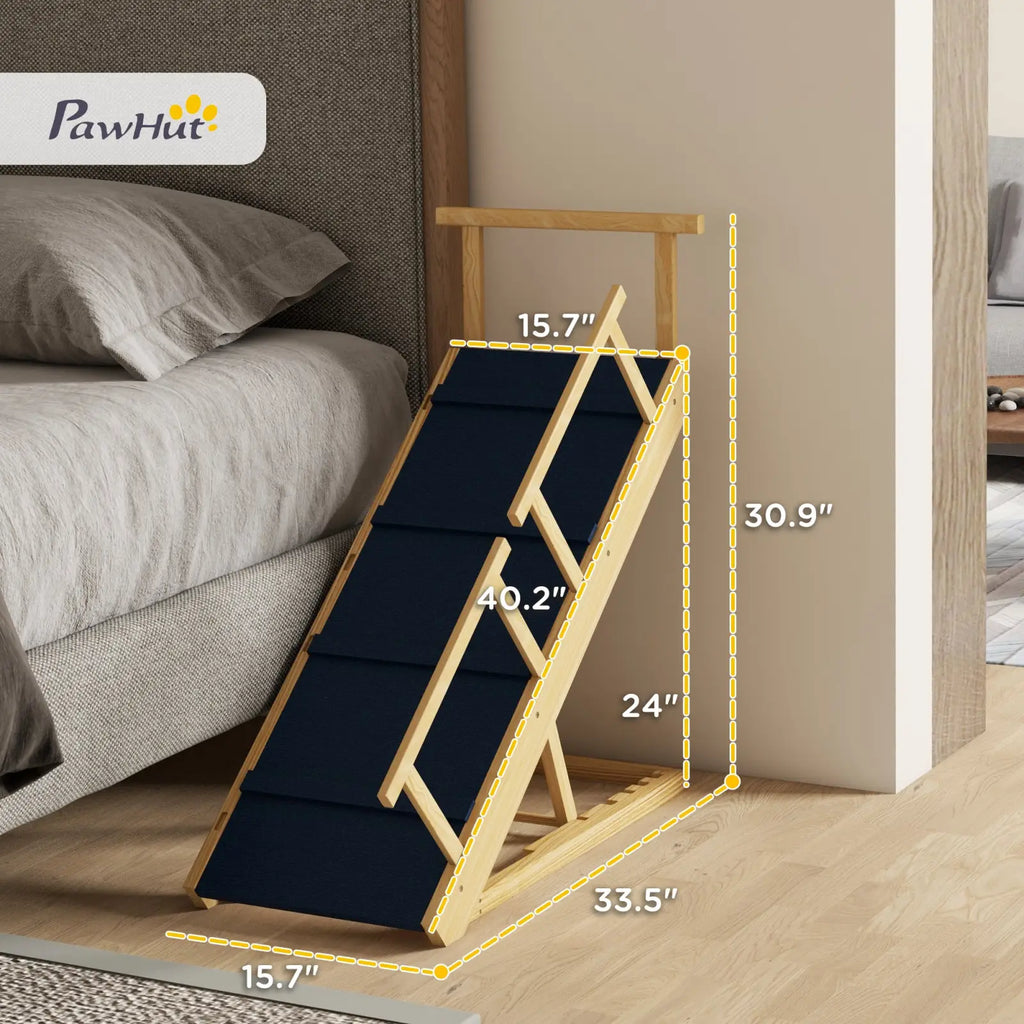 Dog Ramp Adjustable Pine Wood Folding Pet Stairs