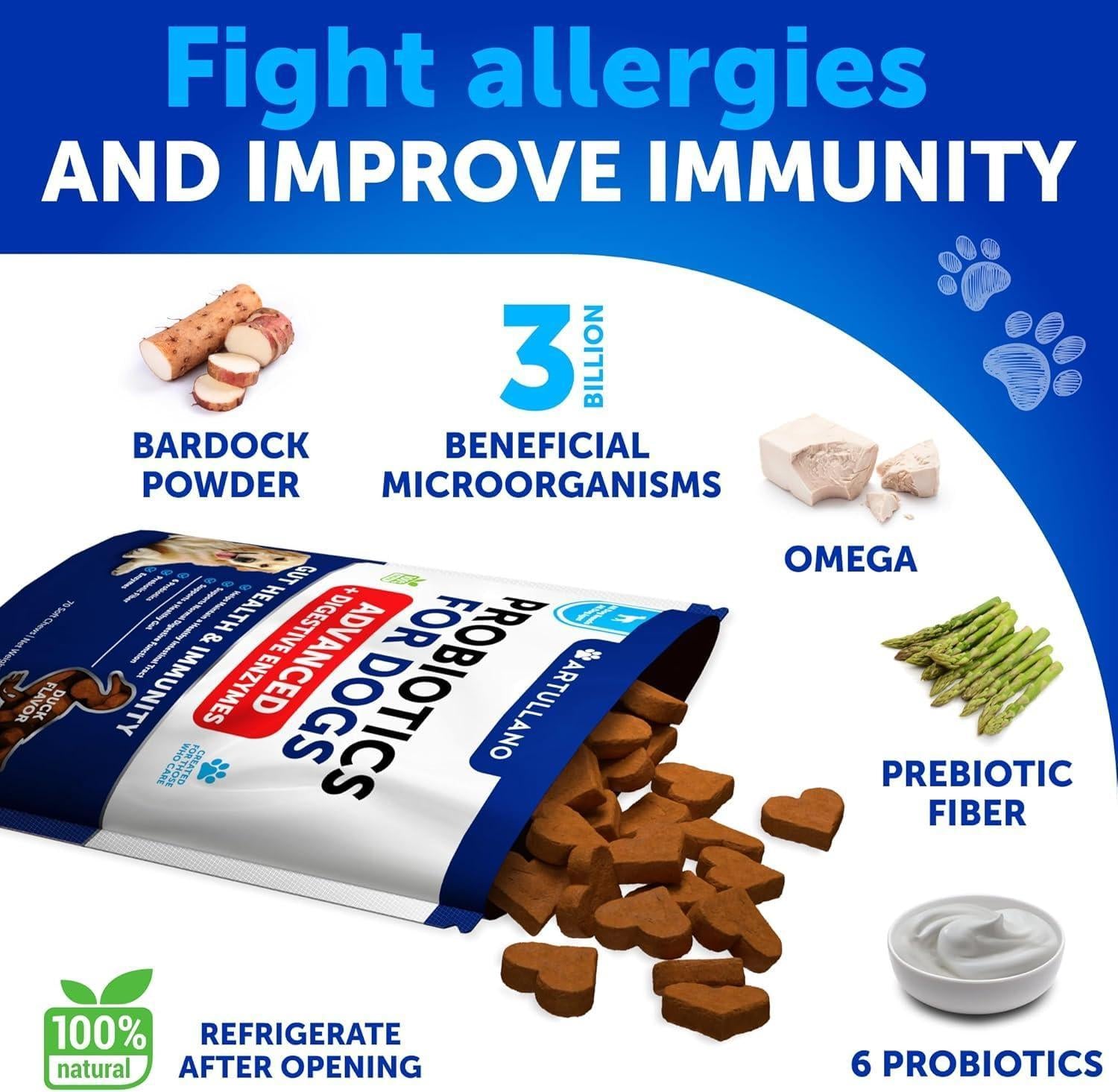 Probiotics for Dogs 70 Chews Duck Flavor Gut Health & Prebiotics