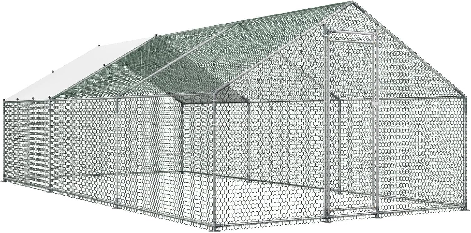VEVOR Large Metal Chicken Coop, Walk-in Poultry Cage With Waterproof Cover, Outdoor Hen House For Chicken Duck Rabbit Farm