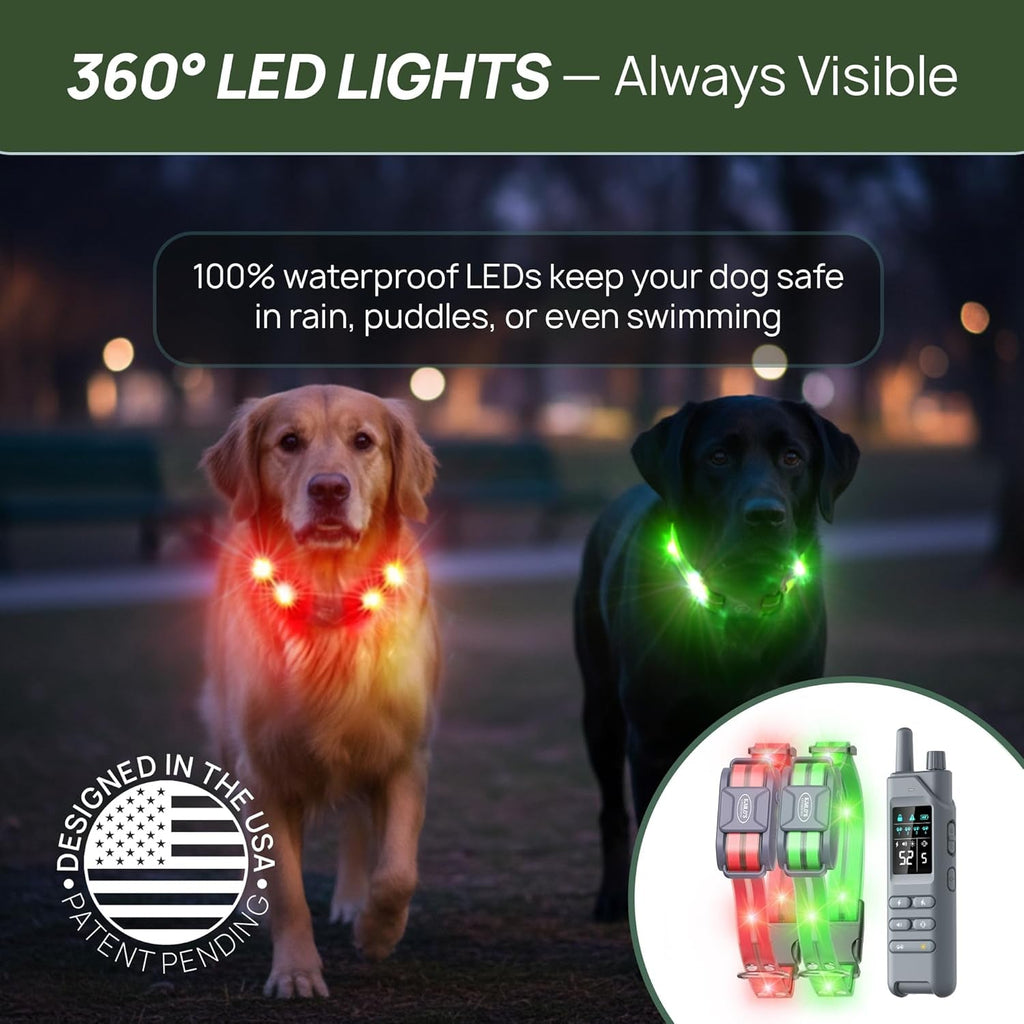 Dog Training Collar for 2 Dogs — 360° LED Lights, 4200FT Range, Waterproof