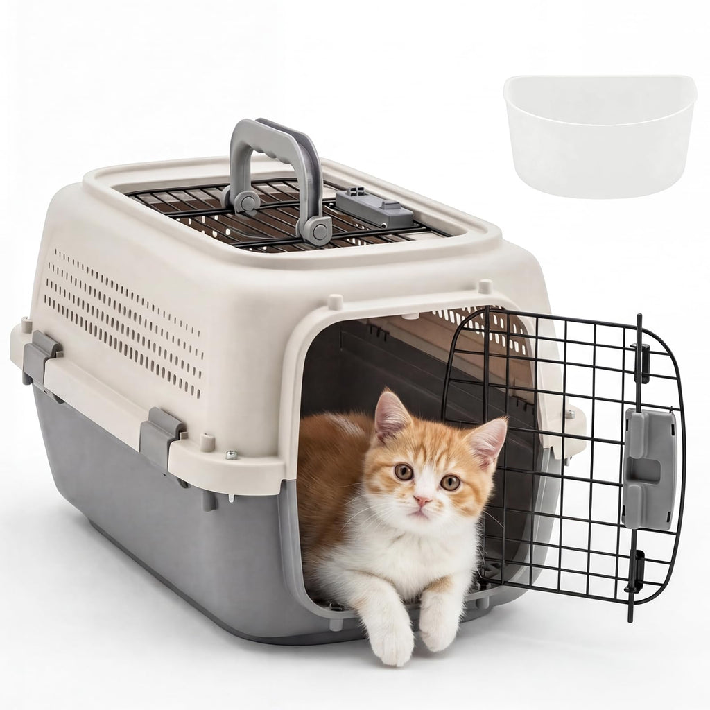 Sided Pet Carrier For Small Dogs & Cats, Airline Approved Travel Crate With Enhanced Security Latches, Front & Top Load Wire Door, Food Bowl For Traveling, Hiking, Camping