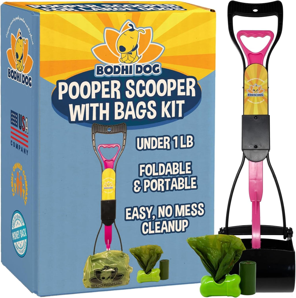 Dog Pooper Scooper Kit with Waste Bags & Holder Long Handle Cleanup Set