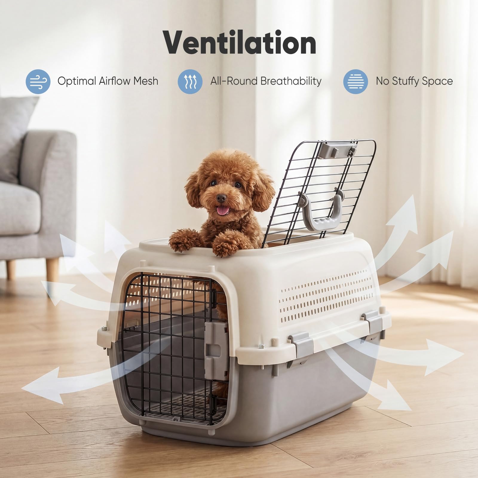 Sided Pet Carrier For Small Dogs & Cats, Airline Approved Travel Crate With Enhanced Security Latches, Front & Top Load Wire Door, Food Bowl For Traveling, Hiking, Camping