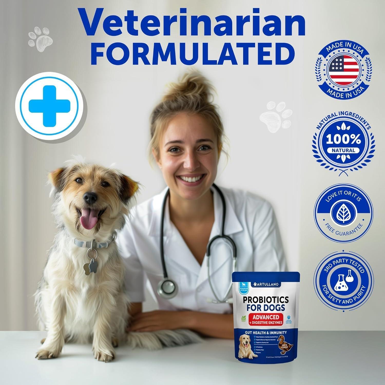 Probiotics for Dogs 70 Chews Duck Flavor Gut Health & Prebiotics